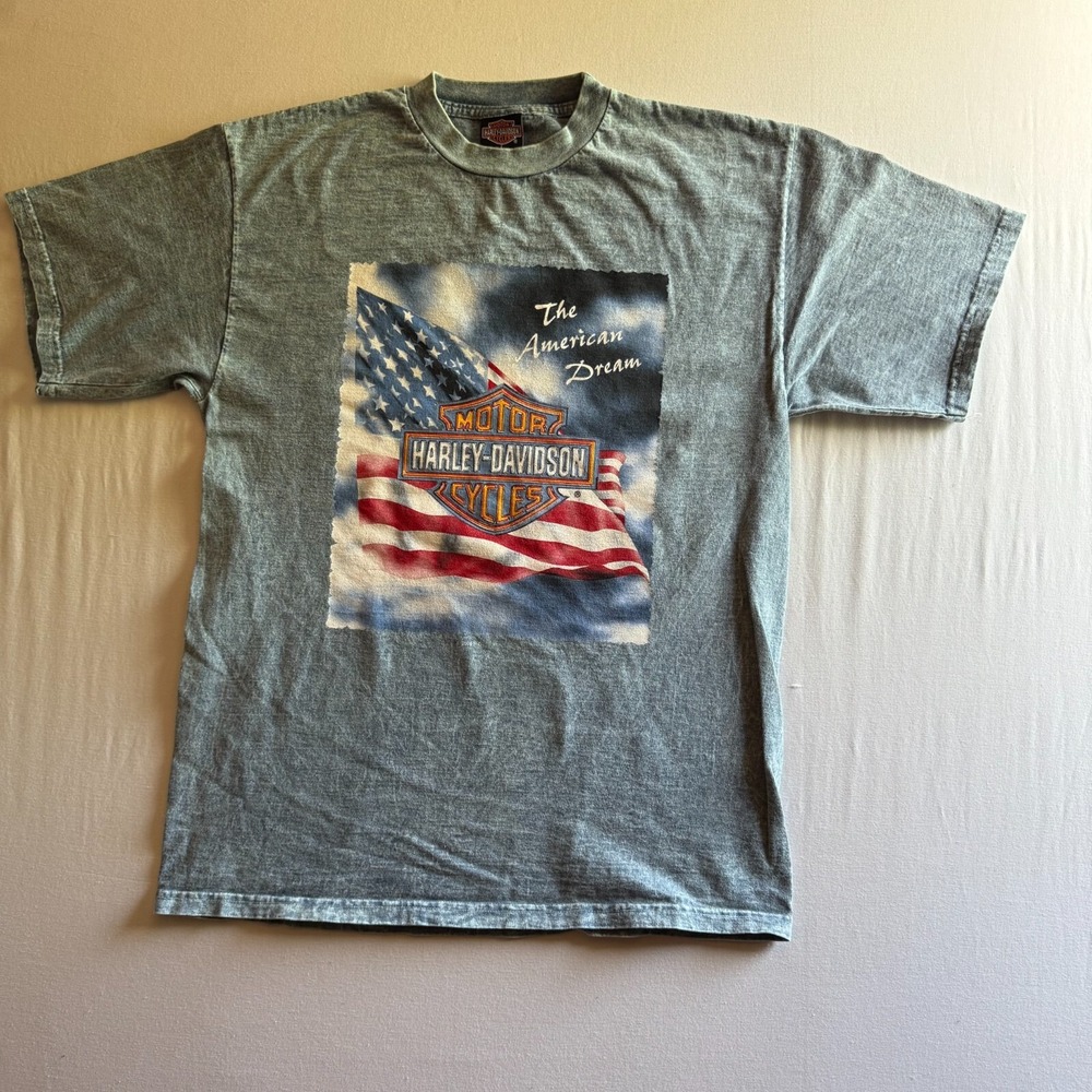 HARLEY DAVIDSON Shirt‎ Vintage Y2K Mens Large Blue American Flag Graphic USA